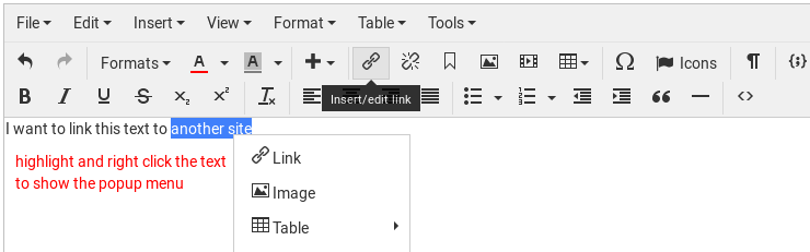 How to insert a link in TinyMCE editor in Schlix CMS