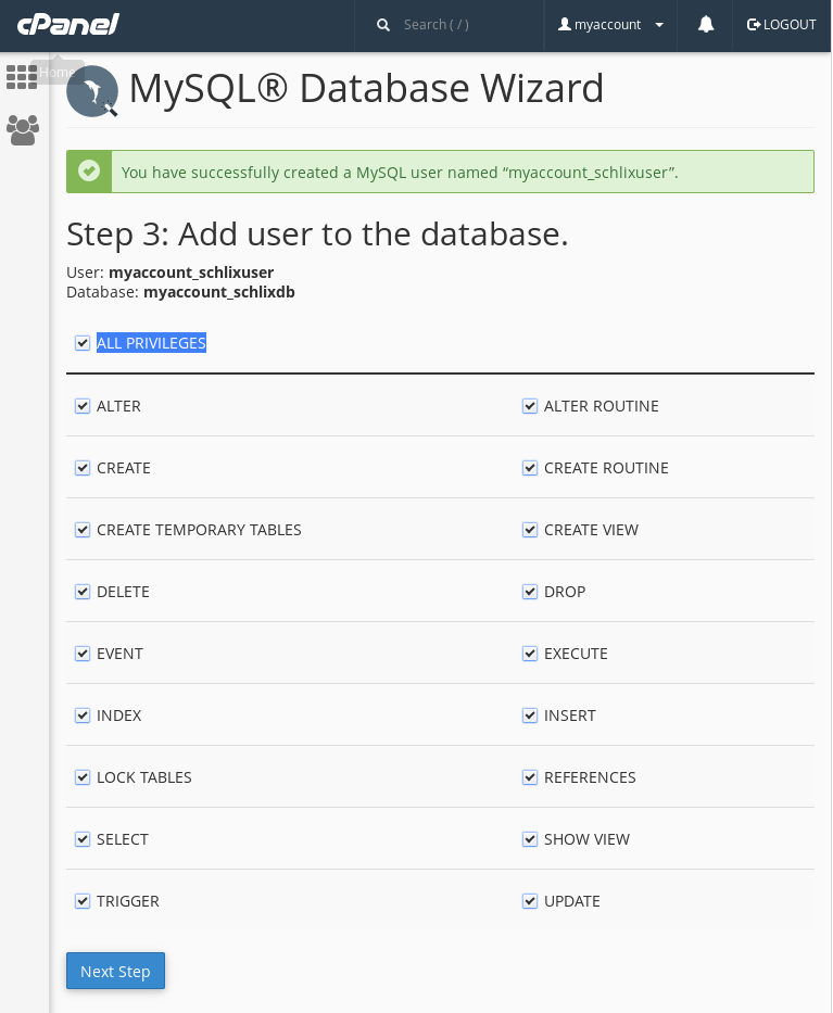 CPanel MySQL Database Wizard