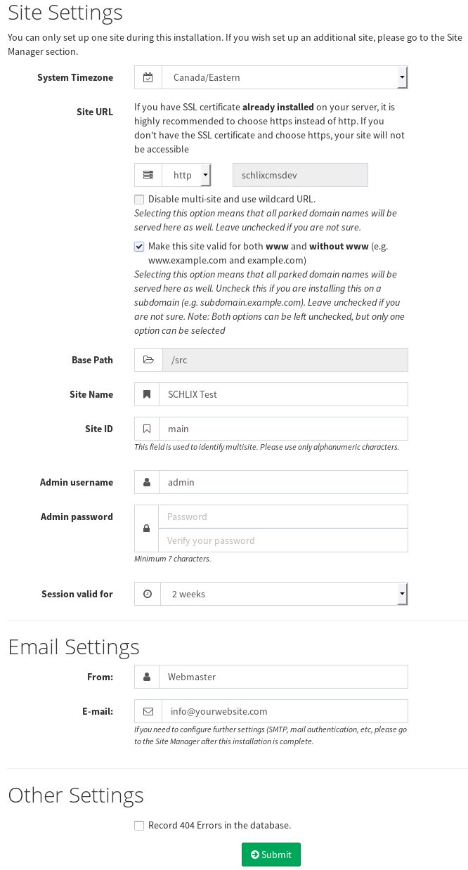 SCHLIX CMS Installation - Variables