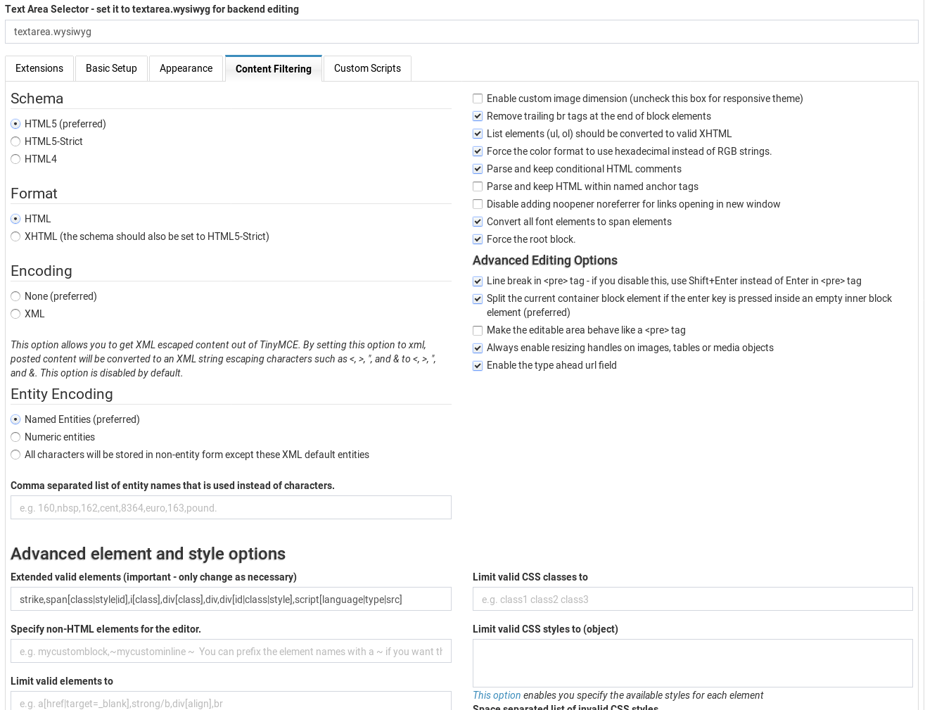 TinyMCE 4 content filtering configuration